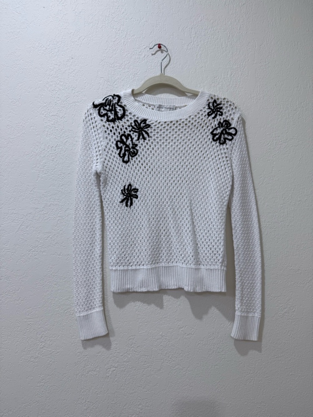 White + Warren White Open-Knit Crewneck Sweater